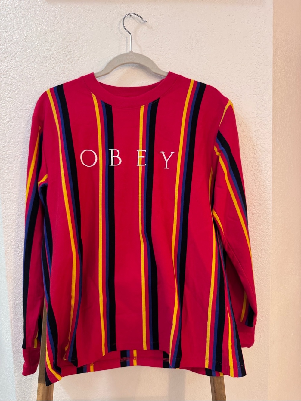 Obey Unisex Long Sleeve Top w/ Red Stripes 100% Cotton Back to School